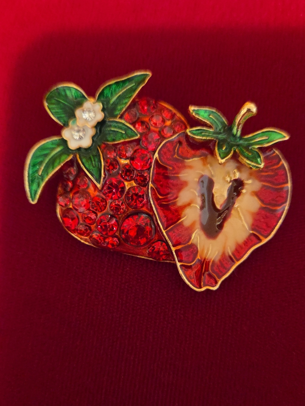Red Strawberry Duo Rhinestone & Enamel Brooch - Women's Jewelry